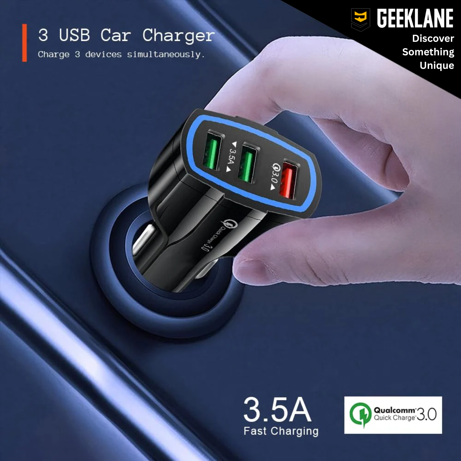 Rova: Triple USB Car Charger with Smart Fast Charging, 15W Multi-Port Car Charger with 3 USB-A Outputs & QC 3.0 Support
