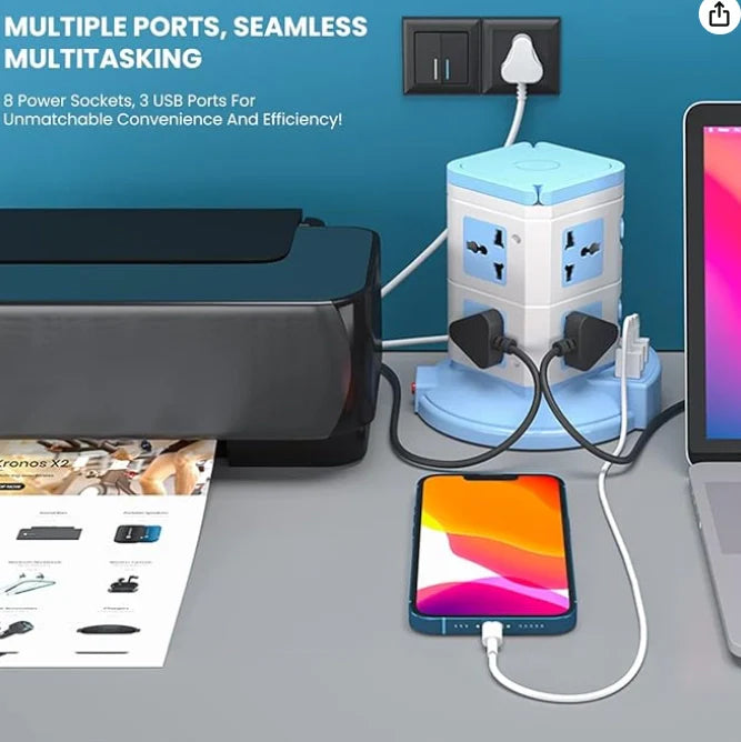 PowerX: Extension Board with 8 Outlets & 3 USB Ports, Surge-Protected Multi-port Power Strip for Home Electronics