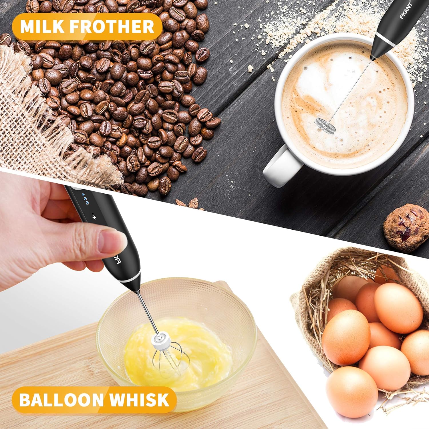 Baristix: Powerful Rechargeable Milk Frother & Beater with 3 Adjustable Speeds & 2 attachments, Handheld Frother for Coffee, Latte, Hot Chocolate & Eggs