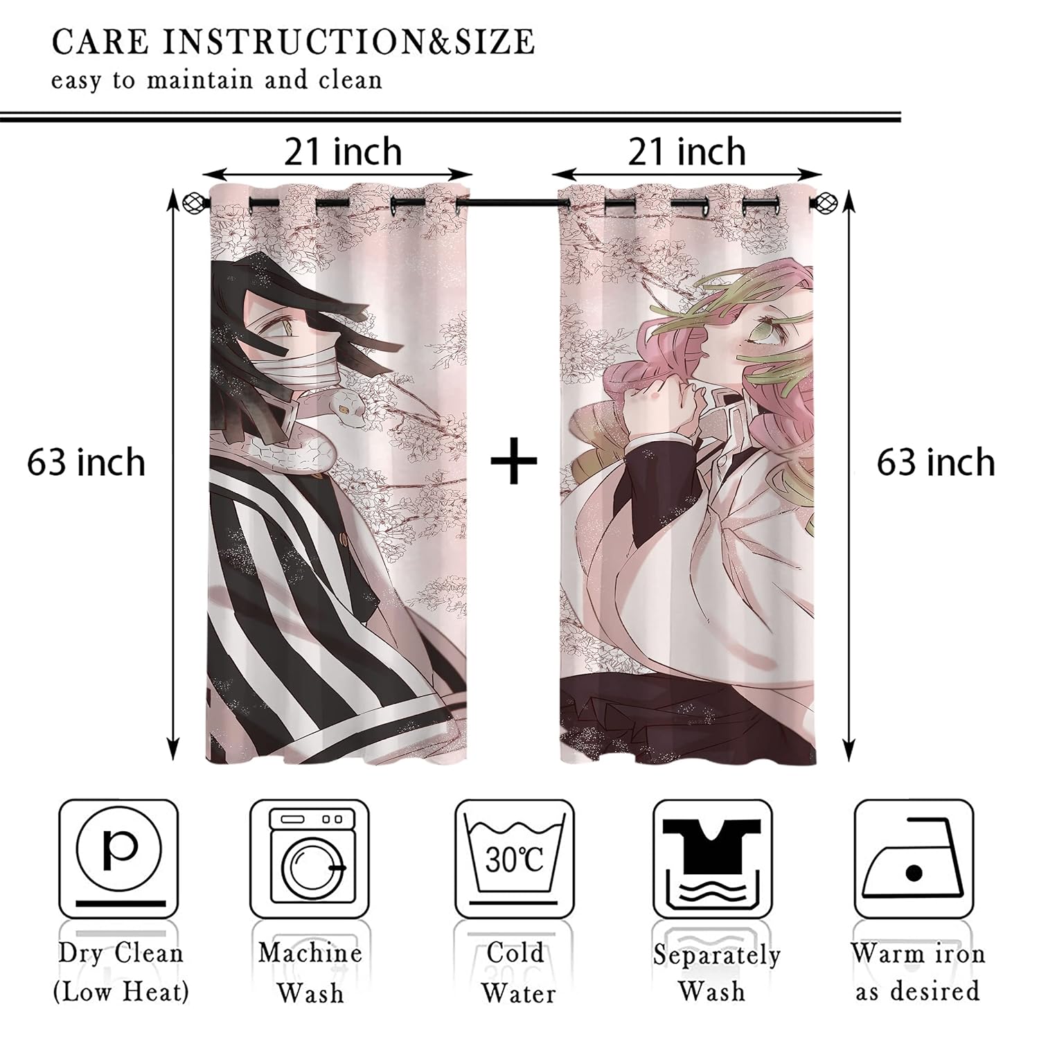 Anime Blackout Window Curtain,Exclusive Home Curtains Mitsuri and Muichirou Thermal Insulated Darkening for Living Room Bedroom Children's Room Decor,42x63Inch