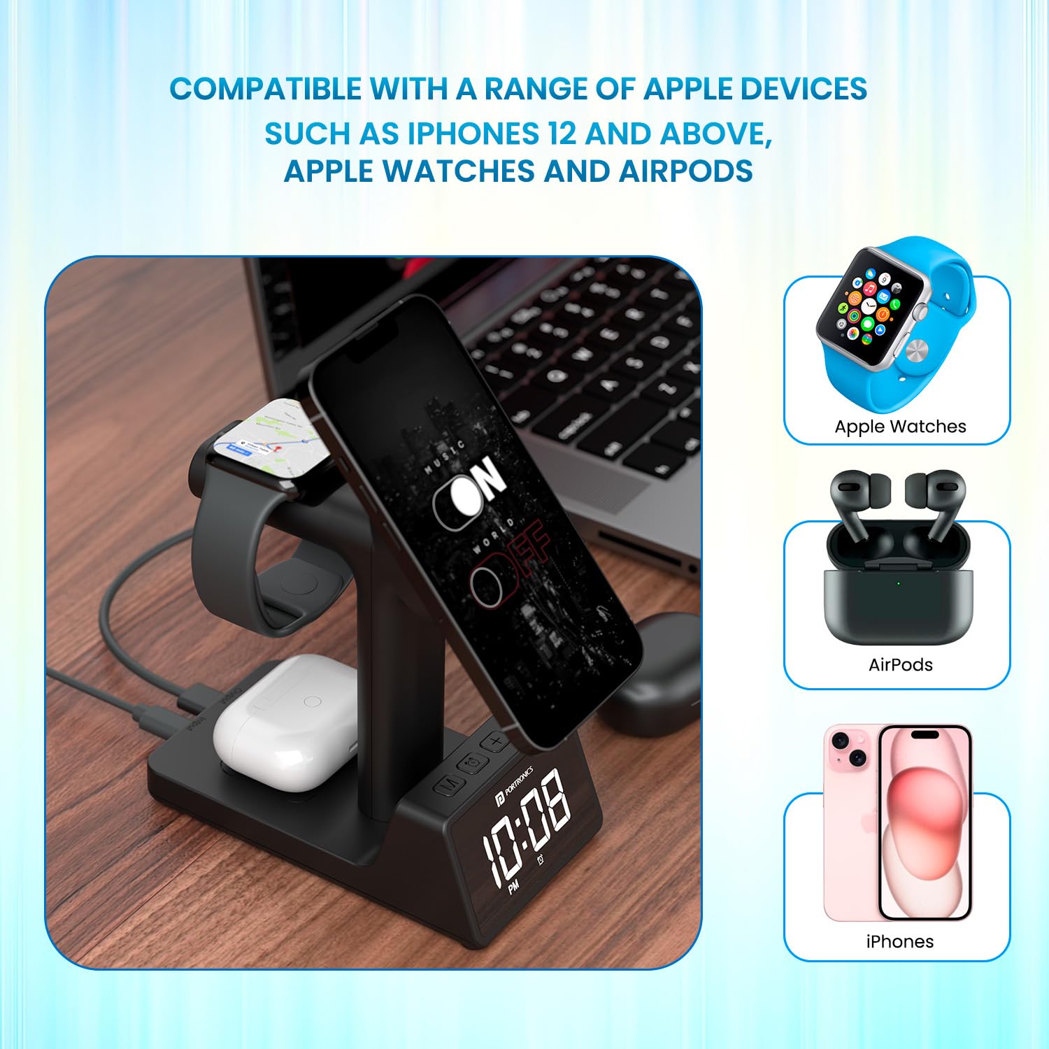 Portronics Bella 2 3 in 1 15W Magnetic Wireless Charging Station with Digital Alarm Clock