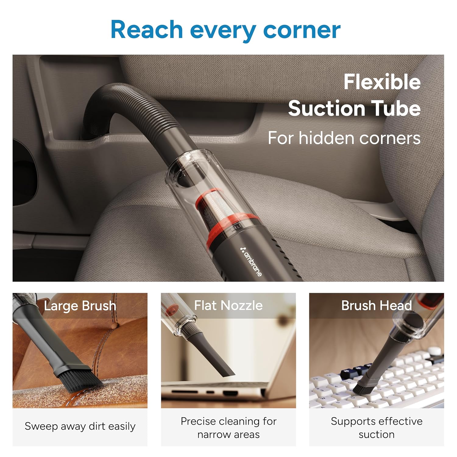 Ambrane 14kPA Powerful Suction 100W Wireless Hand Vacuum Cleaner, BLDC Motor HEPA Filter, Compact & Lightweight for Car, Home use, & Pet Hair